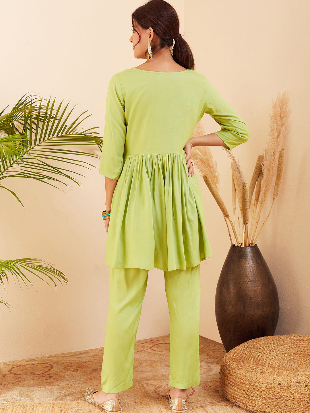 InWeave Women's Pear Green Round Neck Square Gota Work Kurta Pant Set | Grocsy