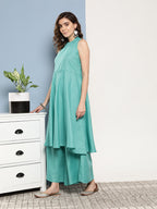 InWeave Women's Teal Lurex Boho Kurta Set With Sky Blue White Leh Dupatta | Grocsy