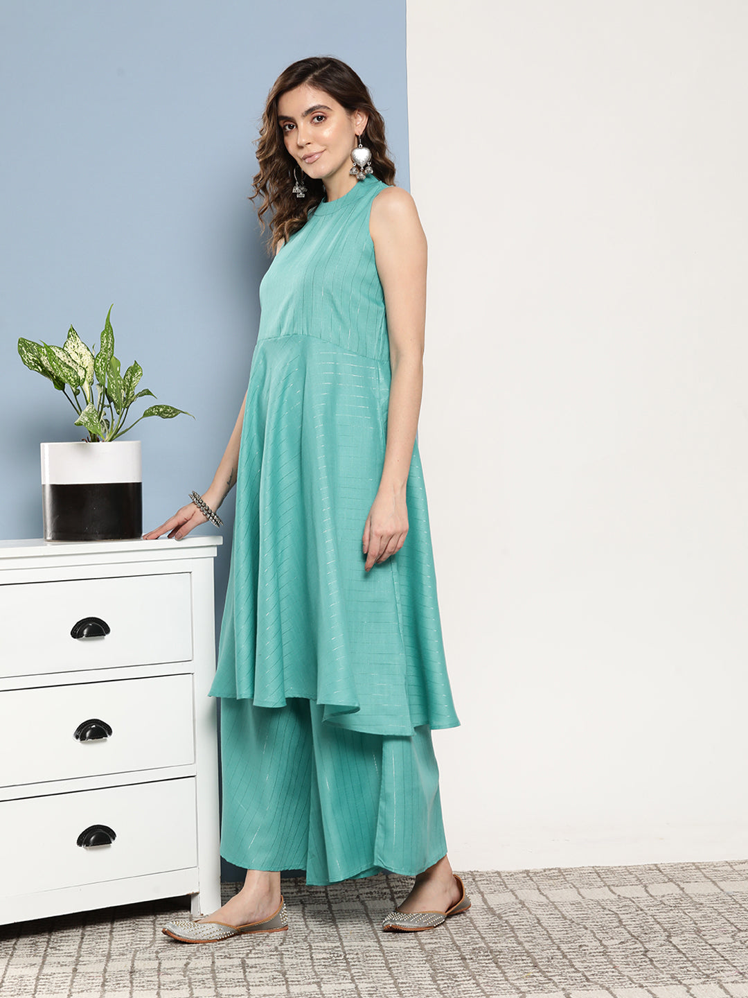 InWeave Women's Teal Lurex Boho Kurta Set With Sky Blue White Leh Dupatta | Grocsy