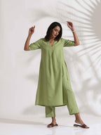 trueBrowns Green Slub Kurta Set | Grocsy