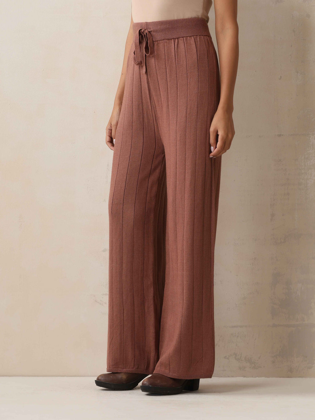 trueBrowns Peach Woollen Flared Pants | Grocsy