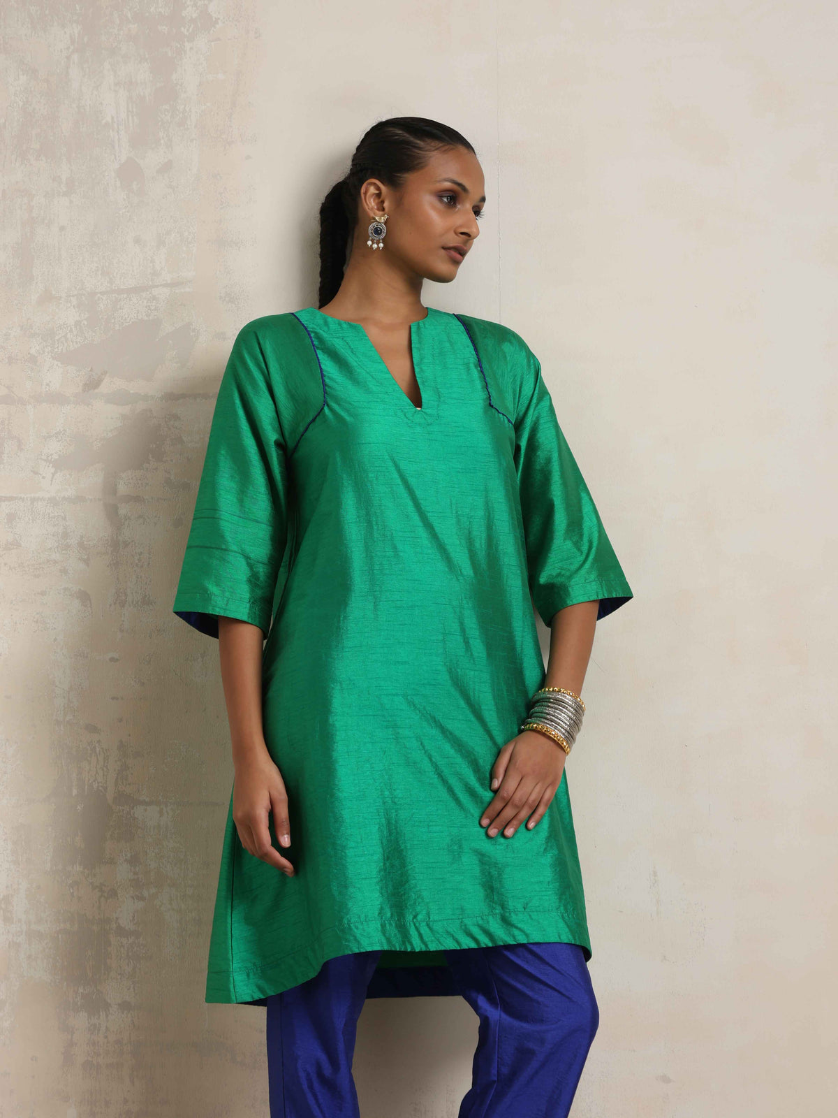 trueBrowns Bright Green Silk Kurta Co-ord Set | Grocsy