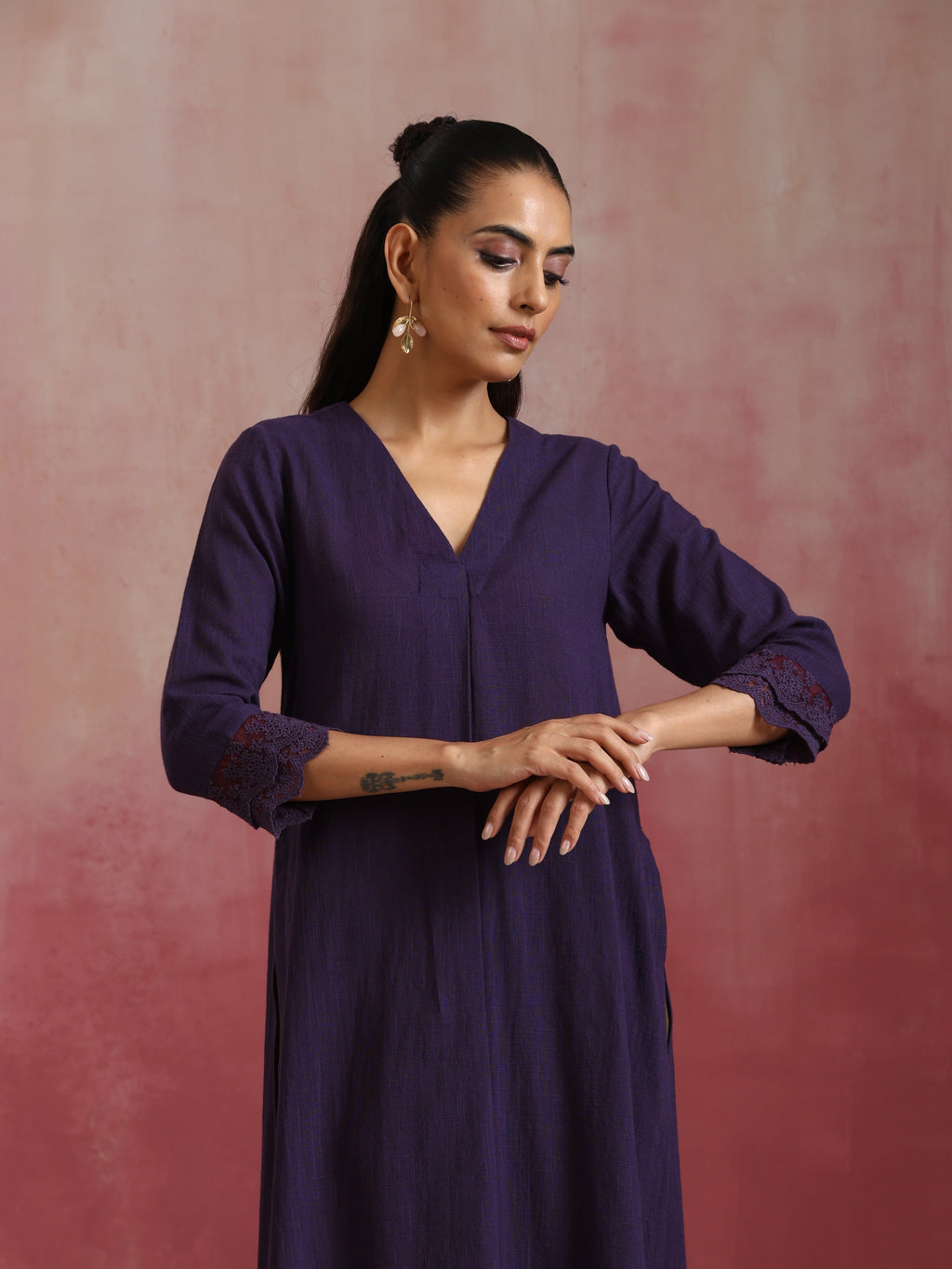 trueBrowns Purple Cotton Dobby Kurta Set | Grocsy