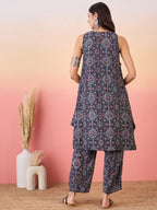 InWeave Navy Maroon Ajrakh Foil Round Neck Kurta Pant Set | Grocsy