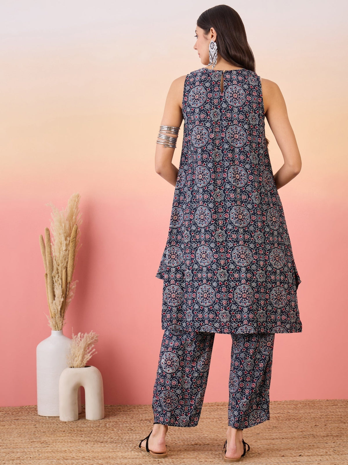 InWeave Navy Maroon Ajrakh Foil Round Neck Kurta Pant Set | Grocsy