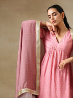 trueBrowns Light Mauve Bandhani Printed Silk Flared Kurta Pant Dupatta Set | Grocsy