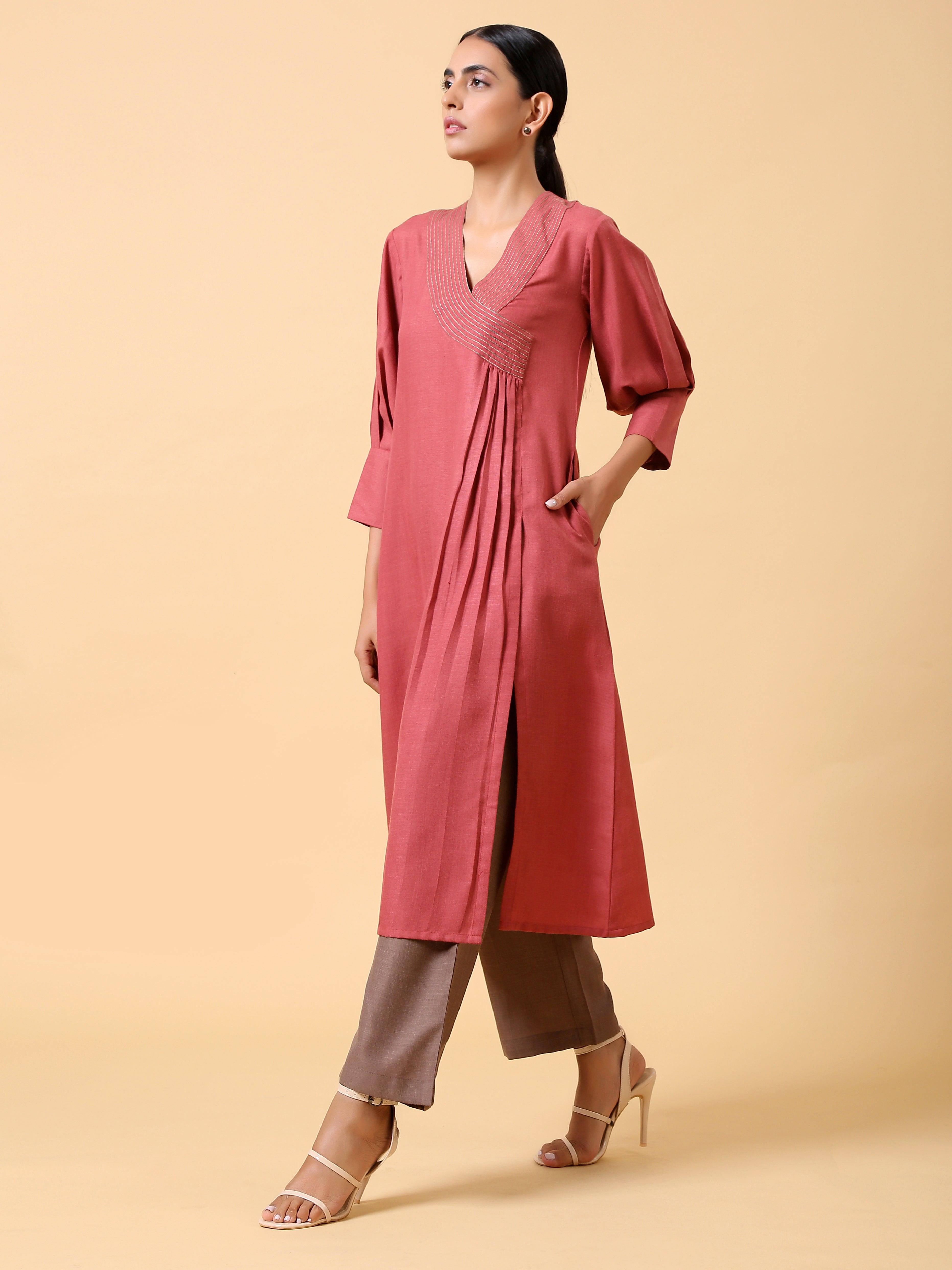 trueBrowns Cotton Linen Rust Red Kurta Pant Set | Grocsy