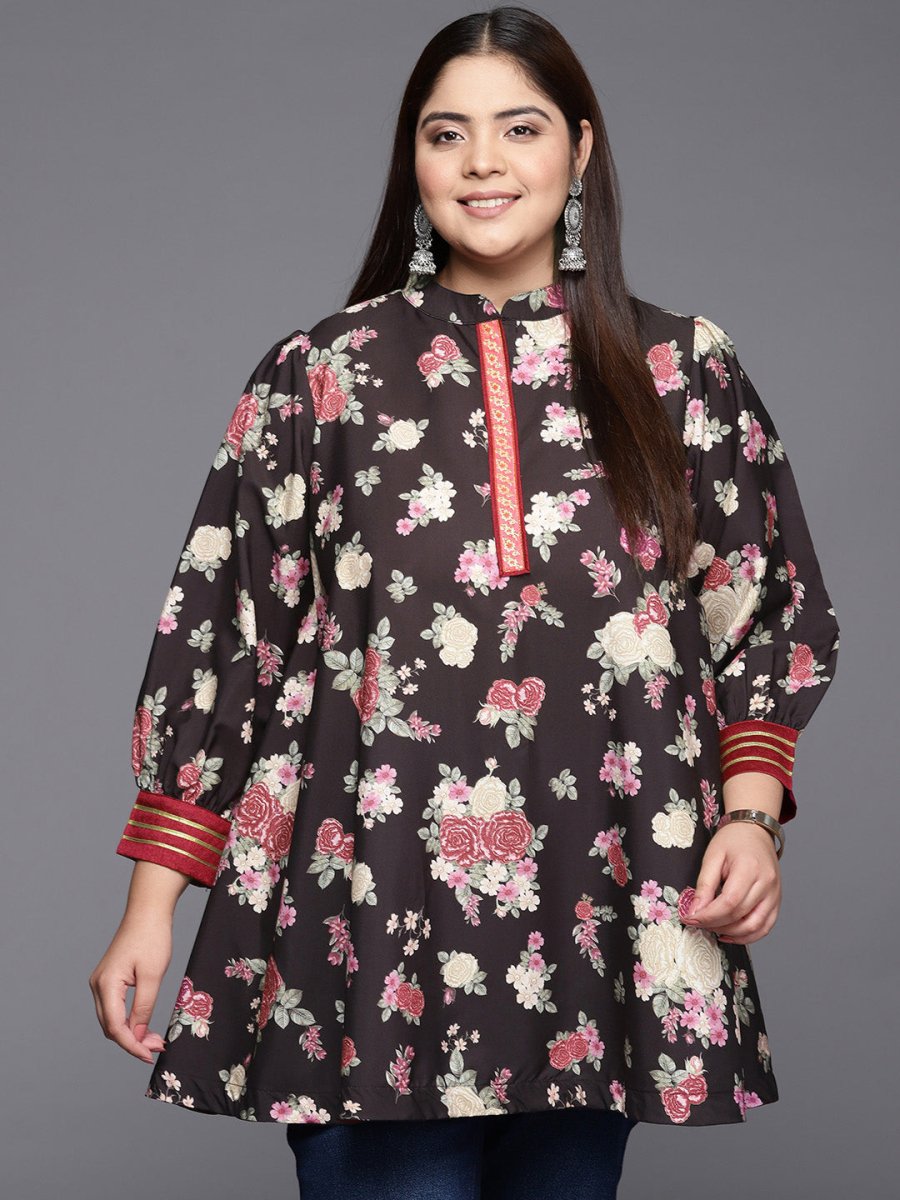 Ahalyaa Mandarin Collar Crepe Floral Printed Tunic | Grocsy