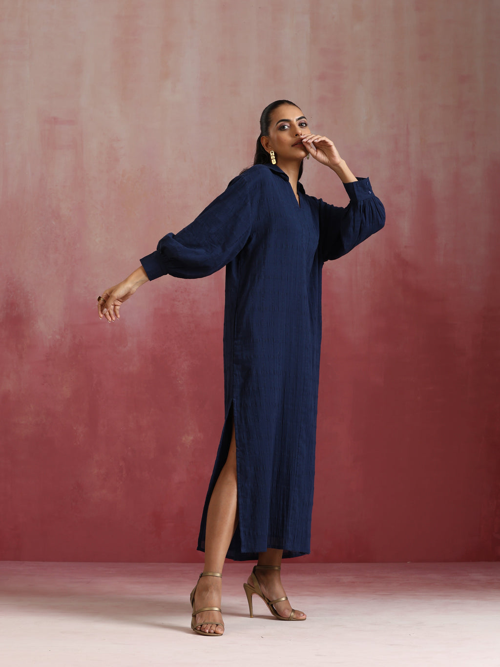 trueBrowns Dark Blue Cotton Dobby Dress | Grocsy