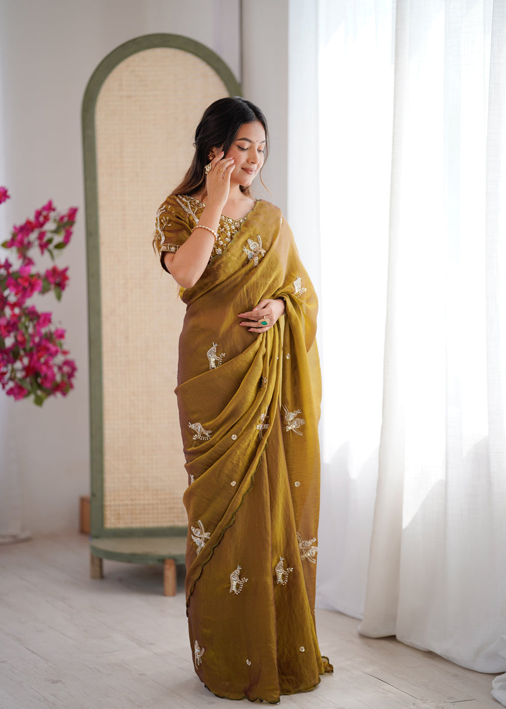 Evanik Mehendi Mos Silk With Handwork Butterfly Design Saree With Unstitched Blouse | Grocsy
