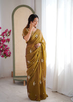 Evanik Mehendi Mos Silk With Handwork Butterfly Design Saree With Unstitched Blouse | Grocsy