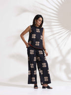 trueBrowns Black Cotton Print Top & Flared Pants Co-ord Set | Grocsy