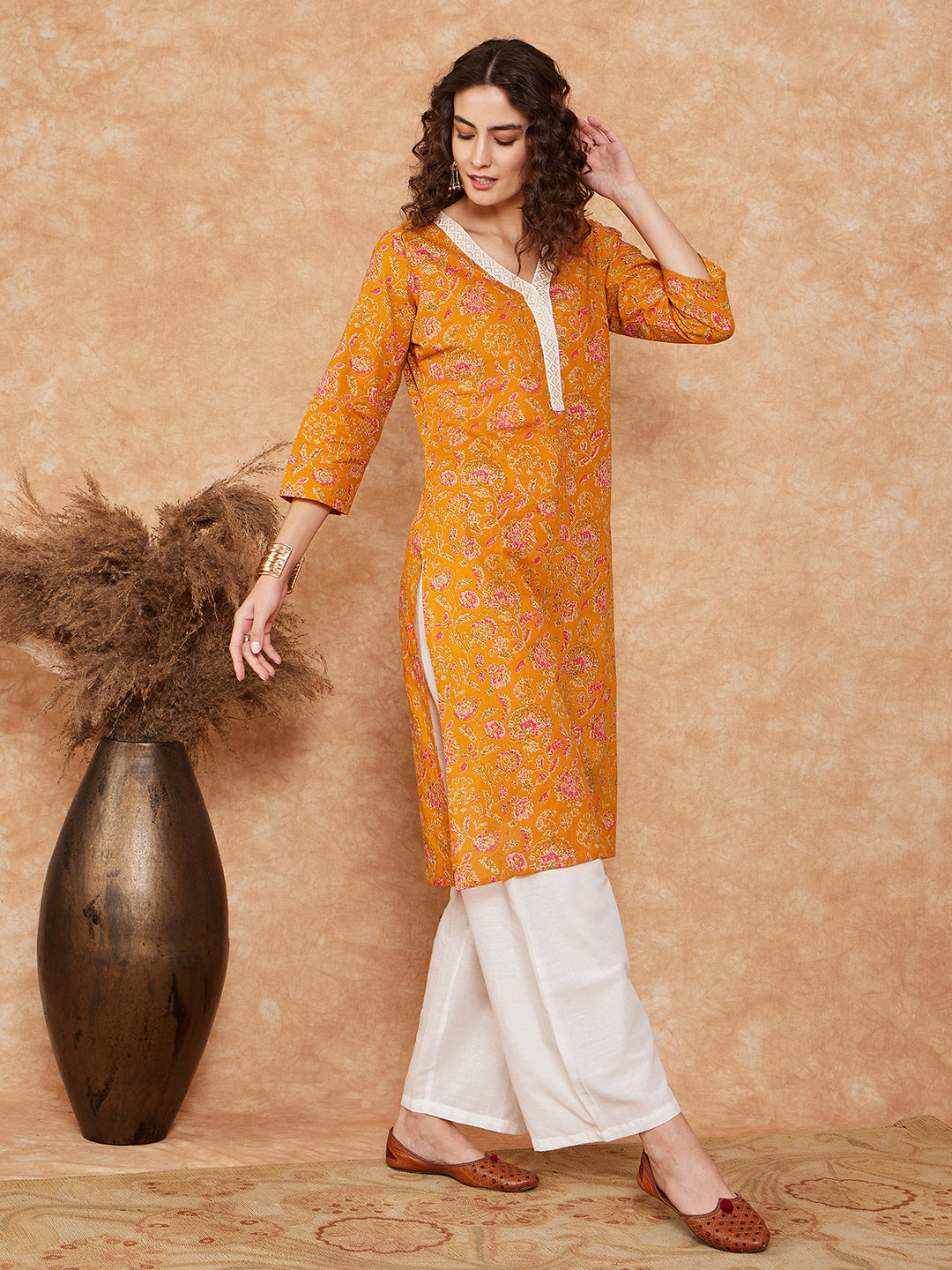 InWeave Women's Fire Yellow Print V Neck Lace Work Straight Kurta | Grocsy