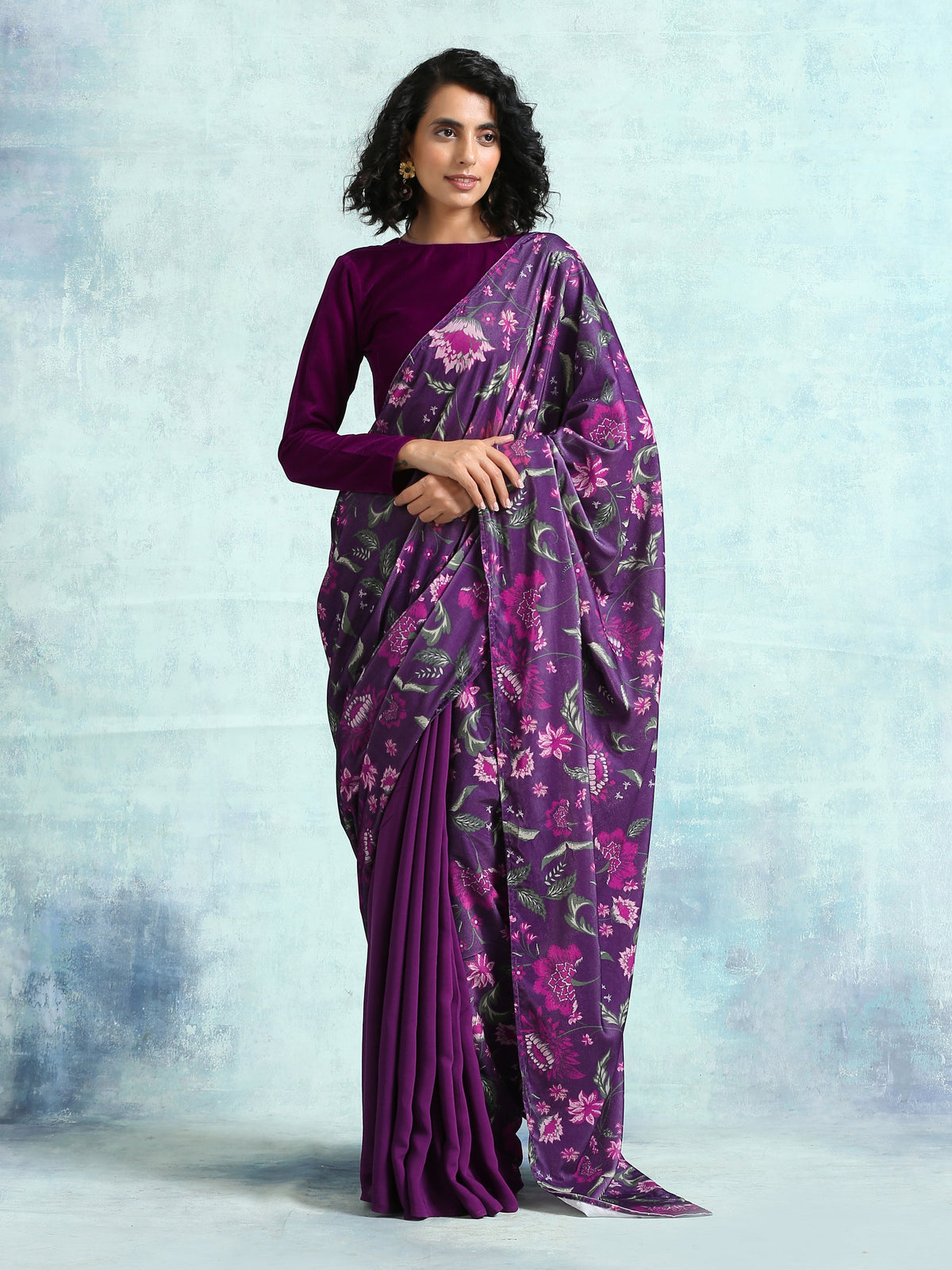 trueBrowns Wine Printed Velvet Ready to Wear Saree | Grocsy