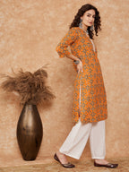 InWeave Women's Mustard Ethnic Print Lace Gota Work Straight Kurta | Grocsy