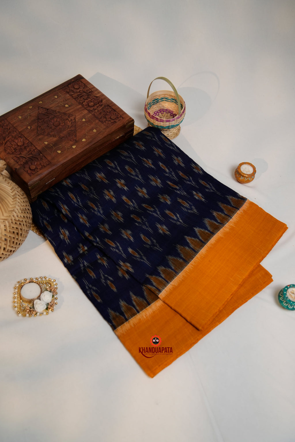 khanduapata Blue & Orange Colour Flower Design Cotton Saree For Women | Grocsy