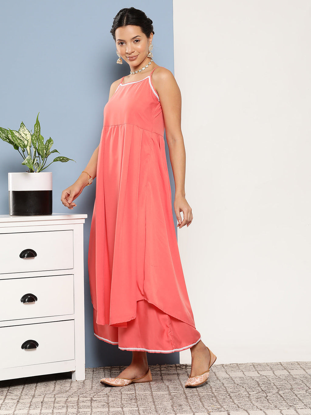 InWeave Women's Peach Cr Strappy Set With White Organza Dupatta | Grocsy