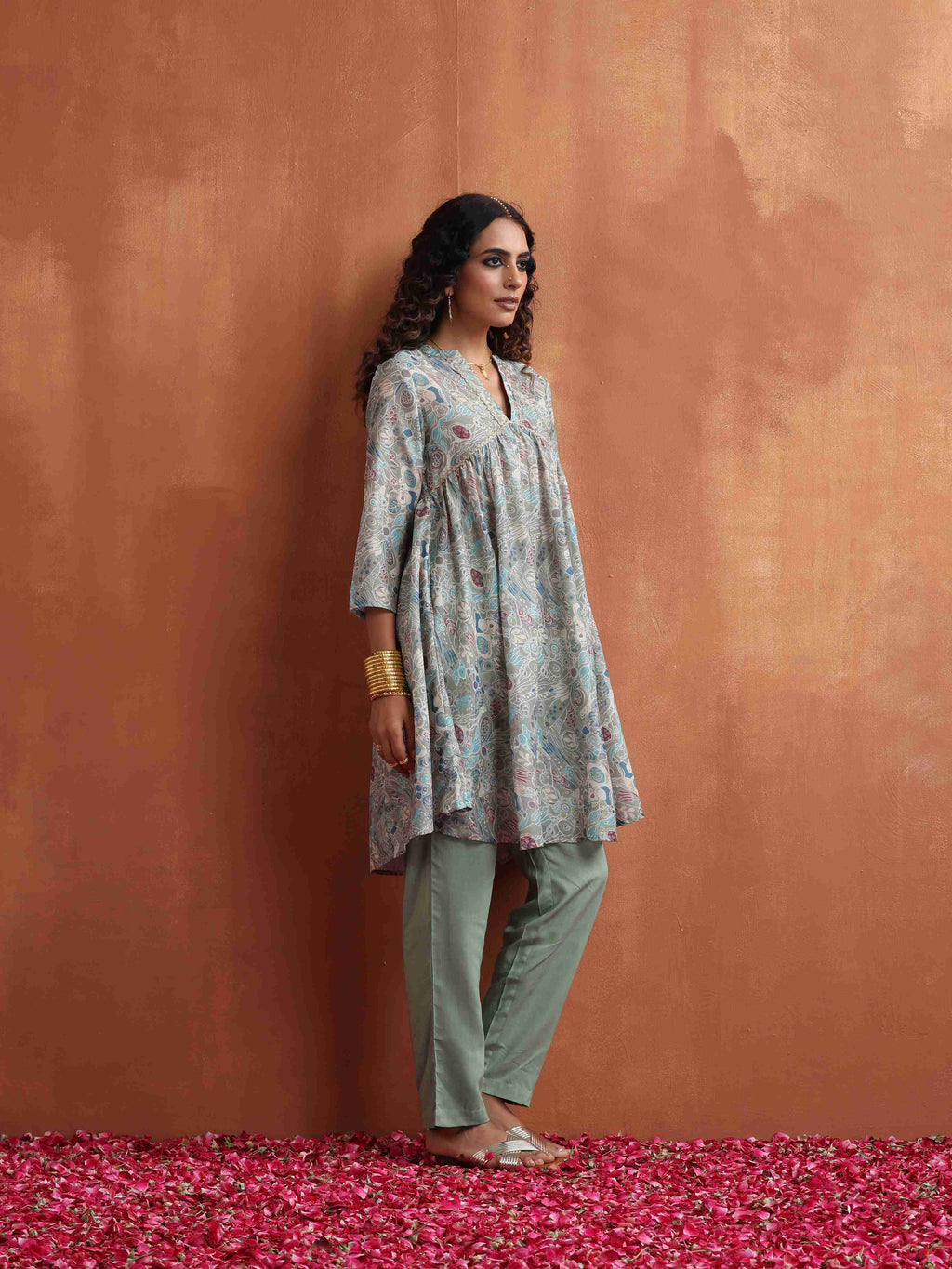 trueBrowns Green Print Flared Kurta Co-ord Set | Grocsy