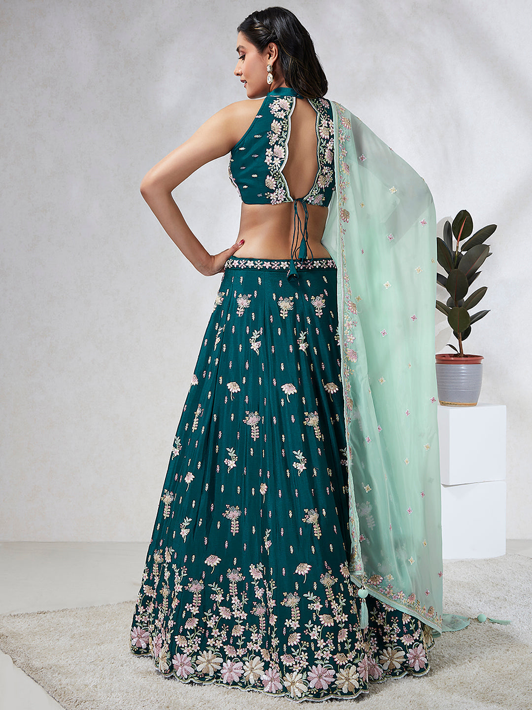 House of Panchhi Green Pure Georgette Sequins And Thread Embroidery Lehenga Choli & Dupatta | Grocsy