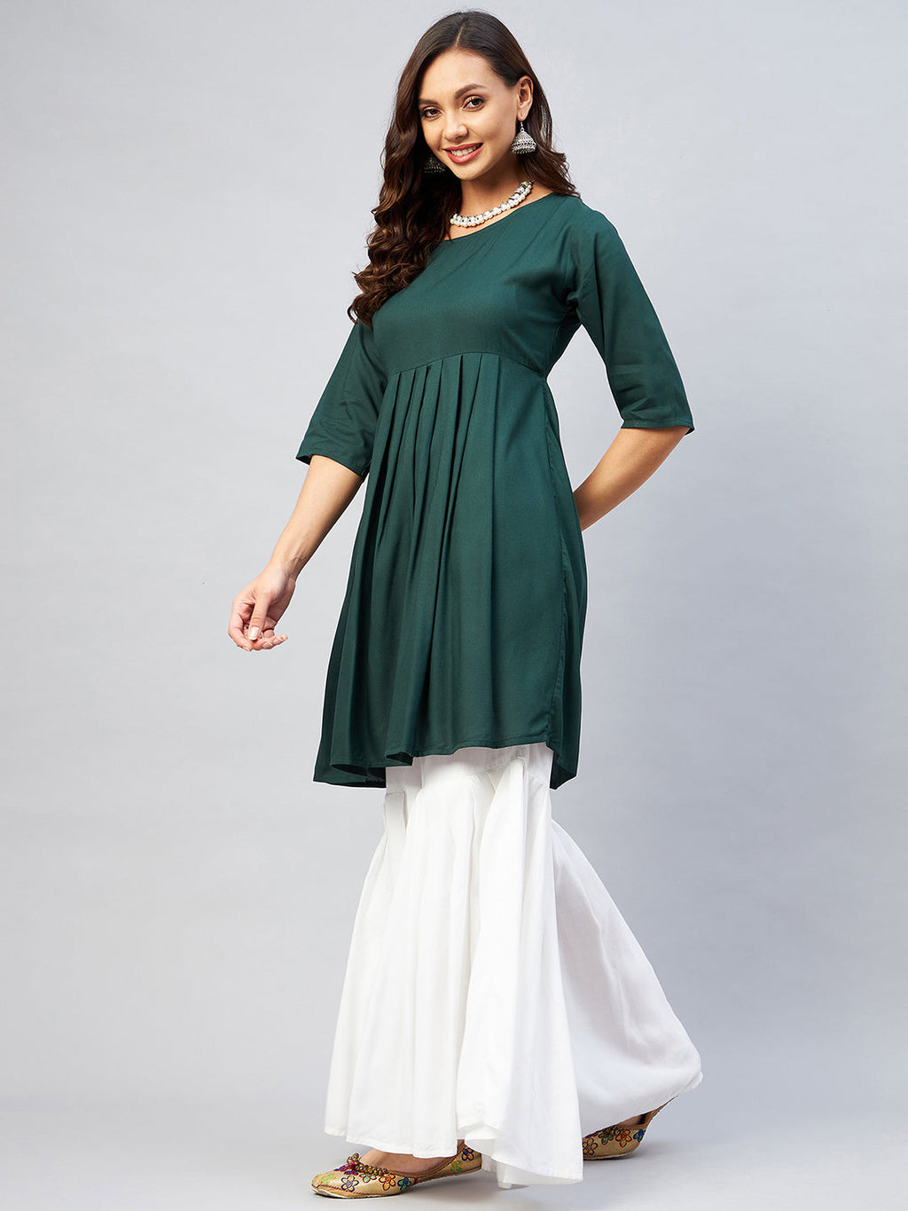 InWeave Women's Dark Green Short Anarkali Kurta | Grocsy