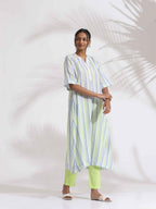 trueBrowns White Cotton Multi Stripe Flared Kurta Set | Grocsy