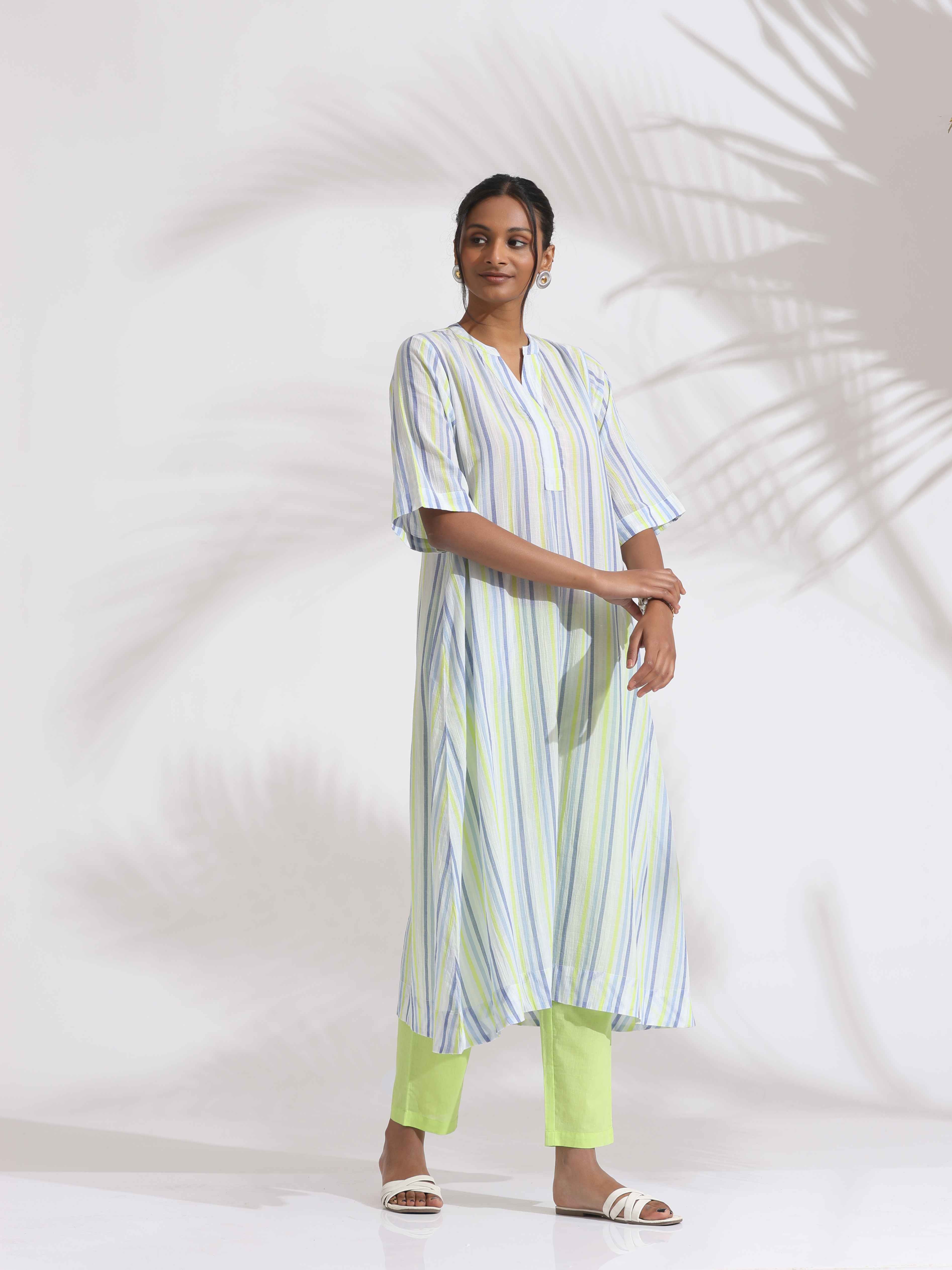 trueBrowns White Cotton Multi Stripe Flared Kurta Set | Grocsy