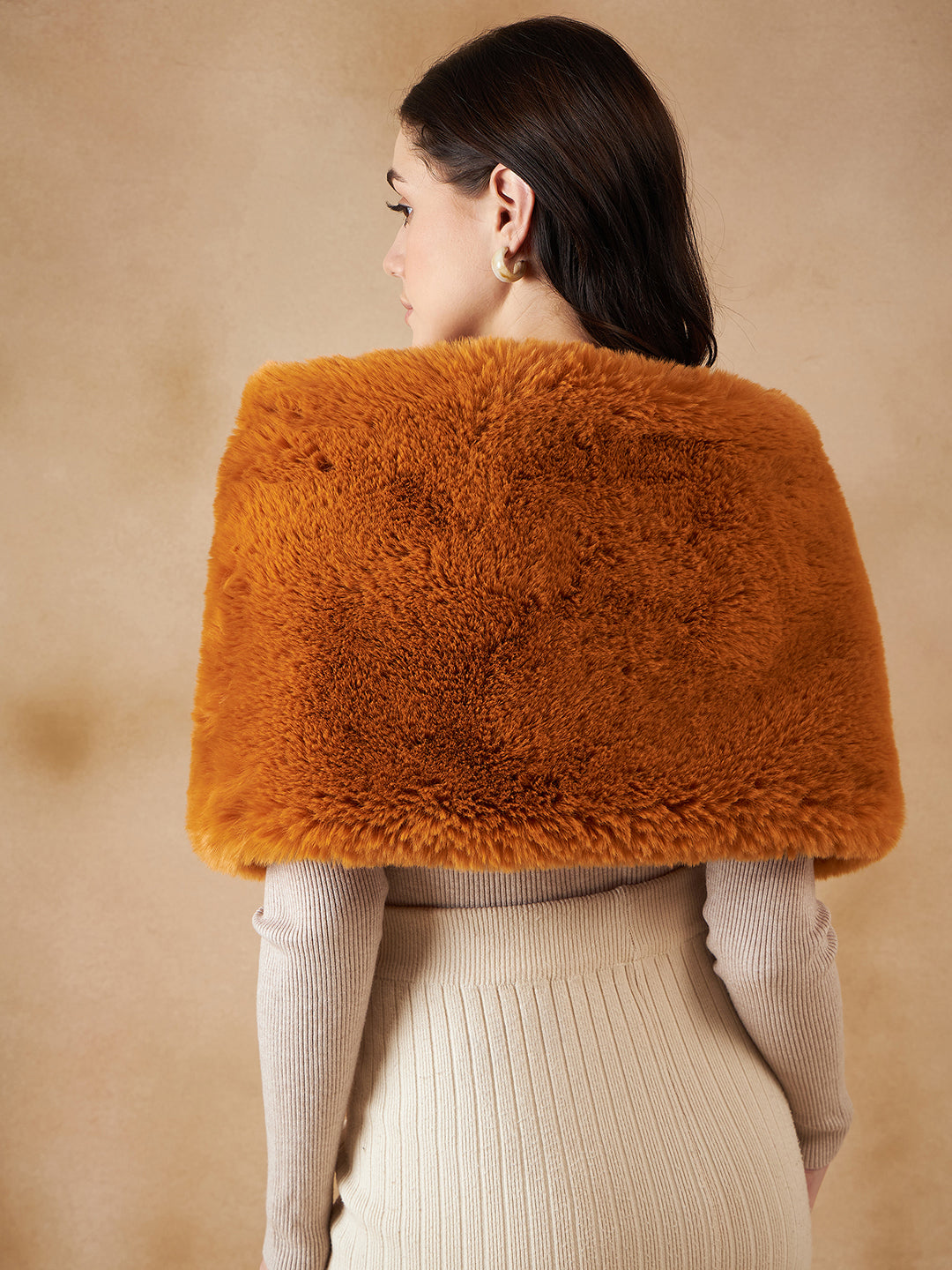 InWeave Women's Carrot Orange Long Faux Fur Cape | Grocsy