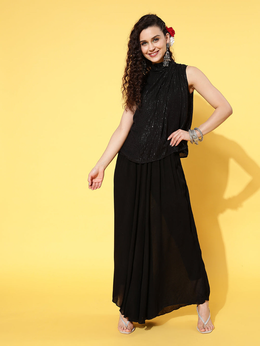 InWeave Women's Black Lurex Top With Flared Pallazo | Grocsy