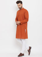 Even Apparels Rust Pure Cotton Kurta With Band Collar | Grocsy