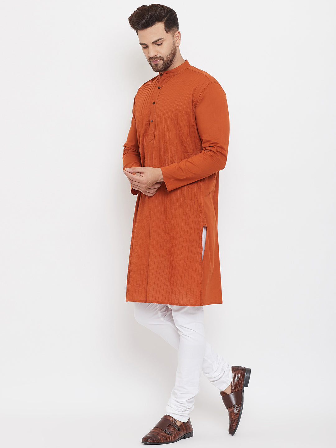 Even Apparels Rust Pure Cotton Kurta With Band Collar | Grocsy