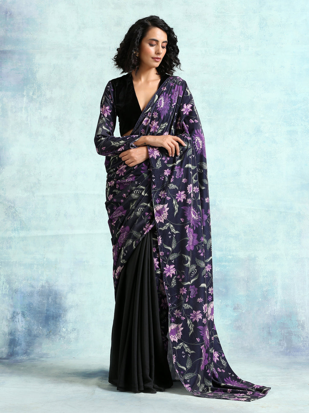 trueBrowns Black Printed Velvet Ready to Wear Saree | Grocsy
