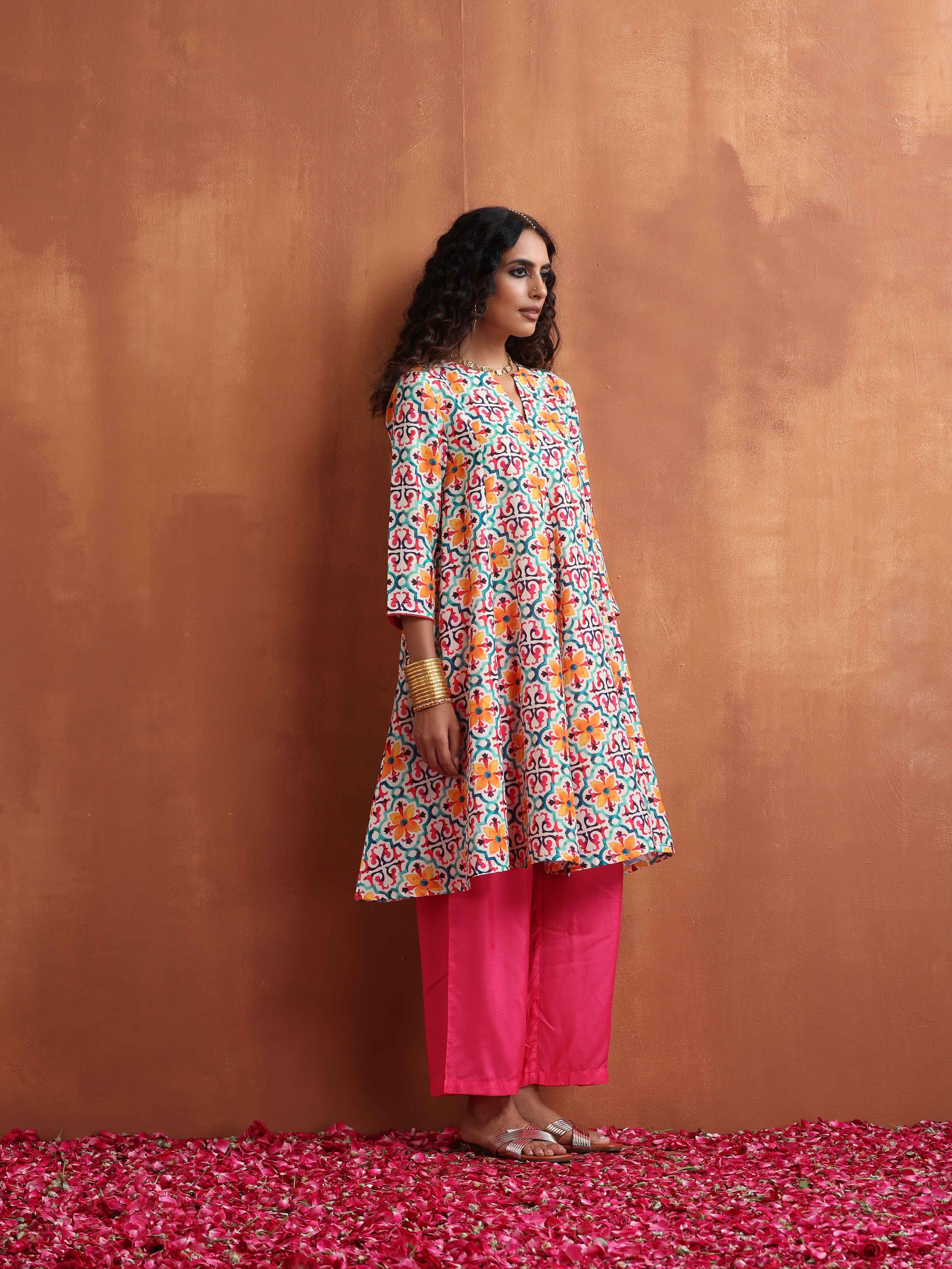 trueBrowns Off White Print Flared Anarkali Kurta Co-ord Set | Grocsy