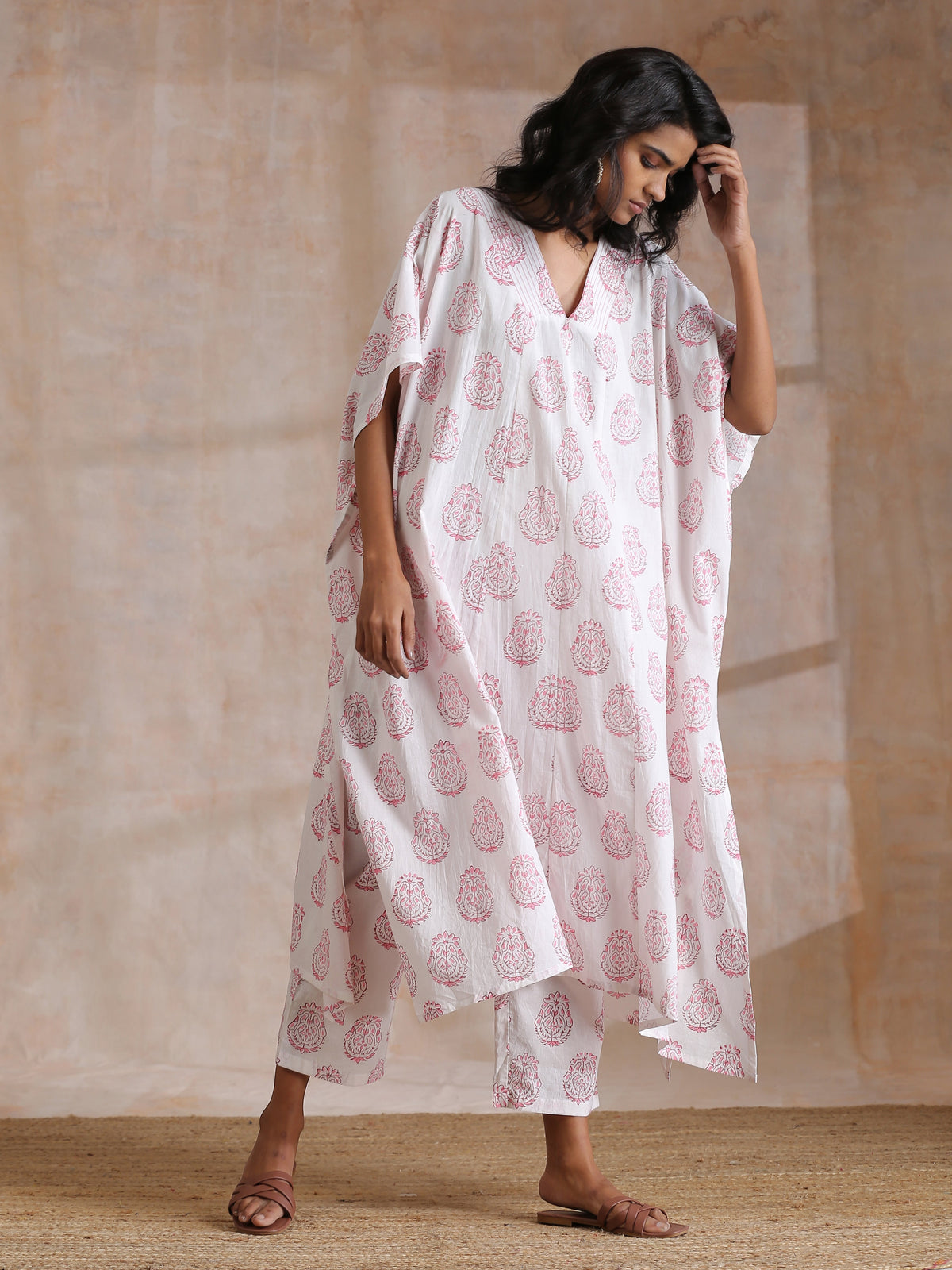trueBrowns Pink Big Buta On White Print Cotton Panel Kaftan Kurta Pant Set | Grocsy