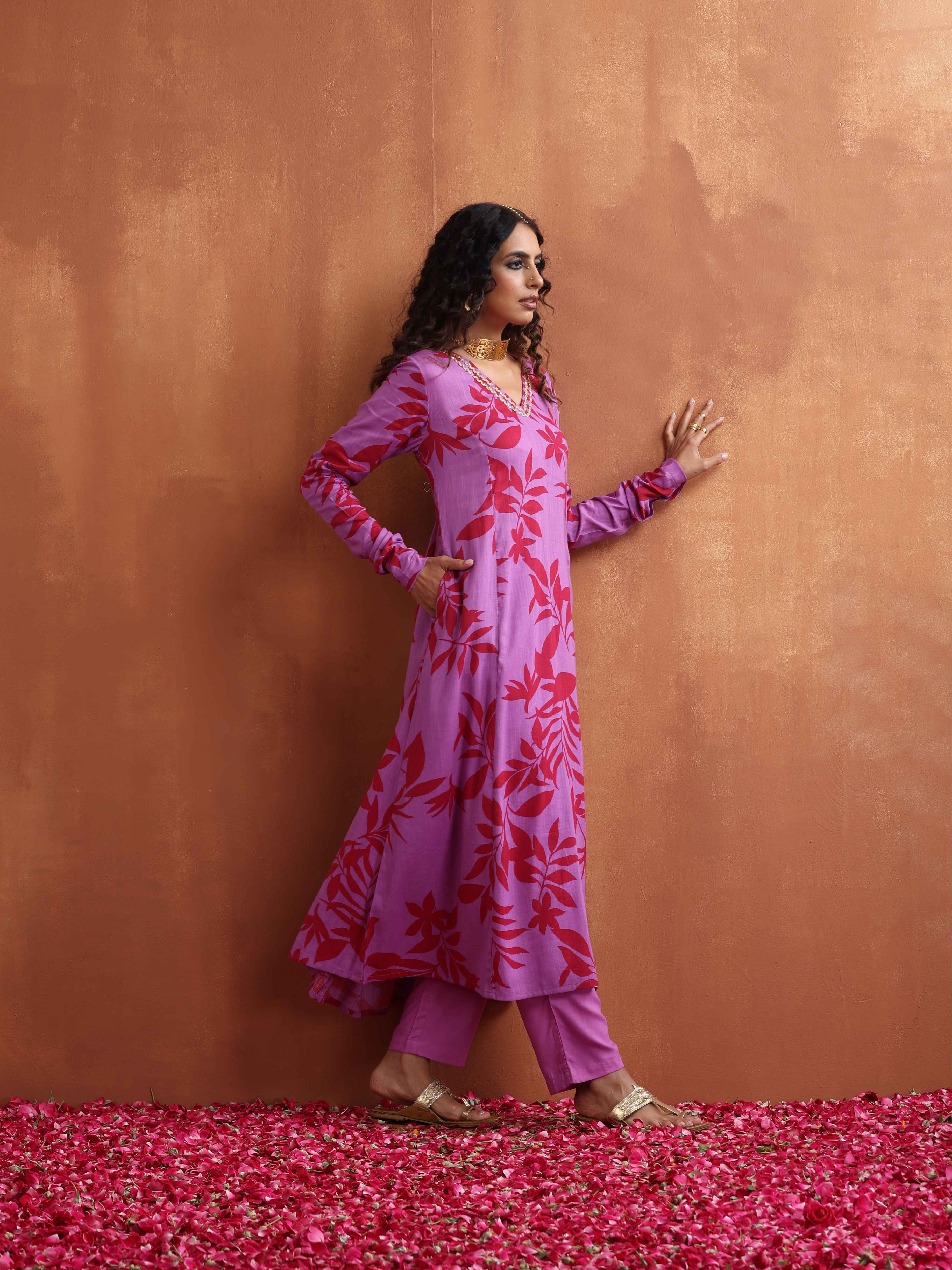 trueBrowns Purple Print A-line Kurta Set | Grocsy