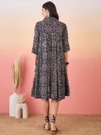 InWeave Black Maroon Ajrakh Foil Collar Flared Dress | Grocsy