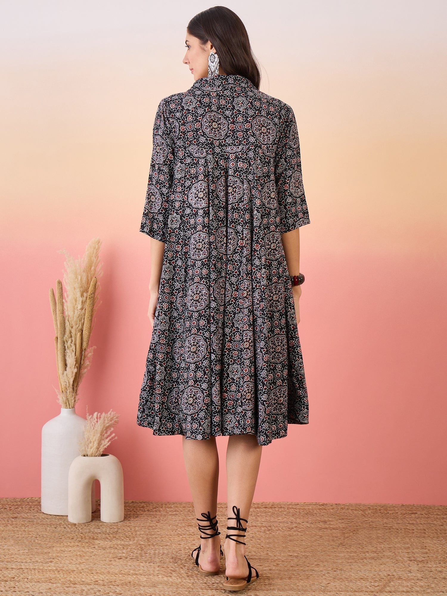 InWeave Black Maroon Ajrakh Foil Collar Flared Dress | Grocsy