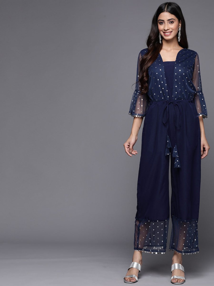 Ahalyaa Printed Bell Sleeves Crepe Basic Jumpsuit With Waist Tie-Ups | Grocsy