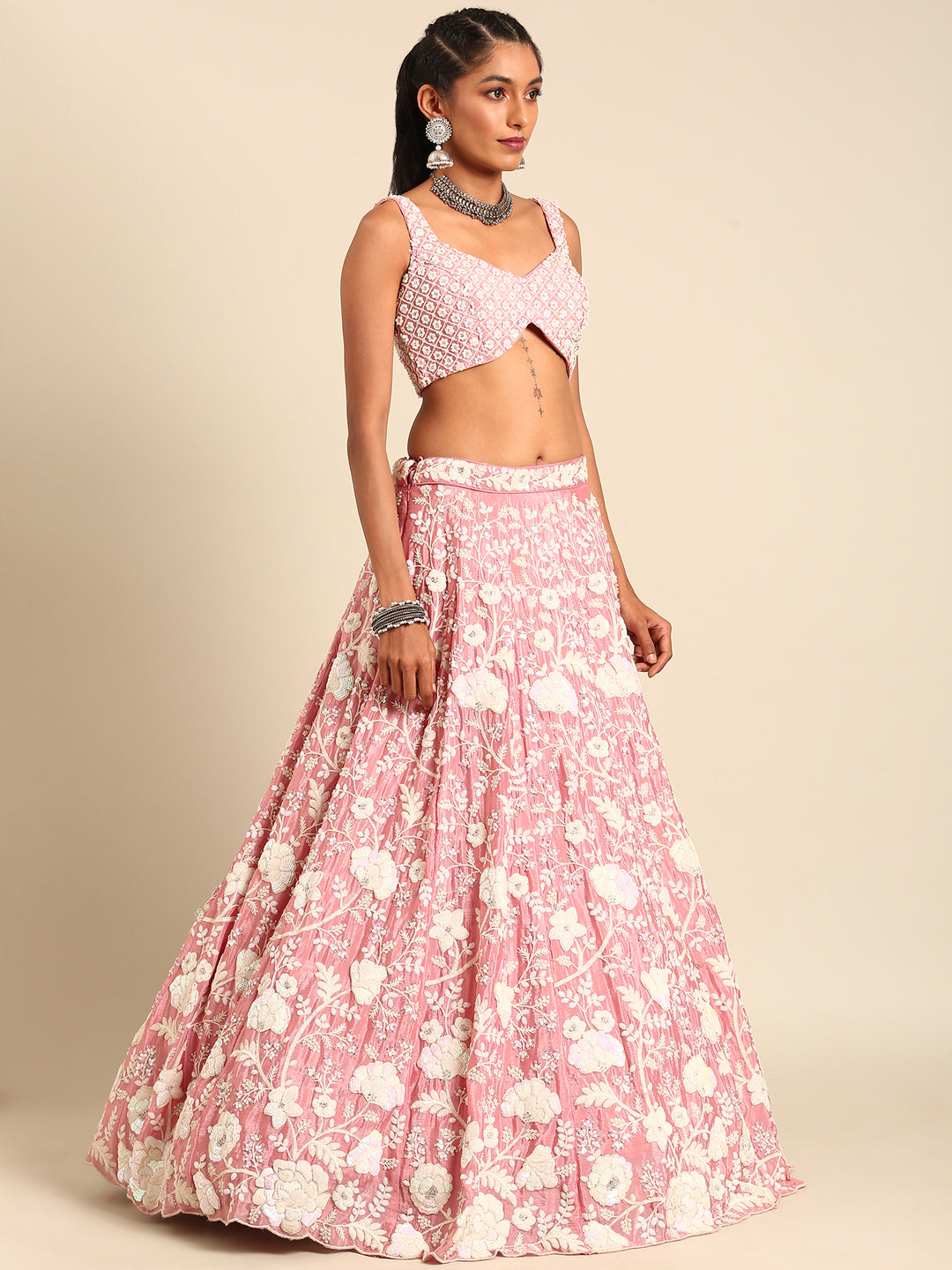 House of Panchhi Rose Gold Chinon Sequins And Zarkan Embroidery Lehenga Choli & Dupatta | Grocsy