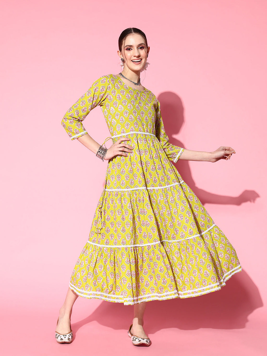 InWeave Women's Yellow Floral Print Tiered Dress With Lace | Grocsy