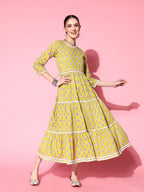 InWeave Women's Yellow Floral Print Tiered Dress With Lace | Grocsy