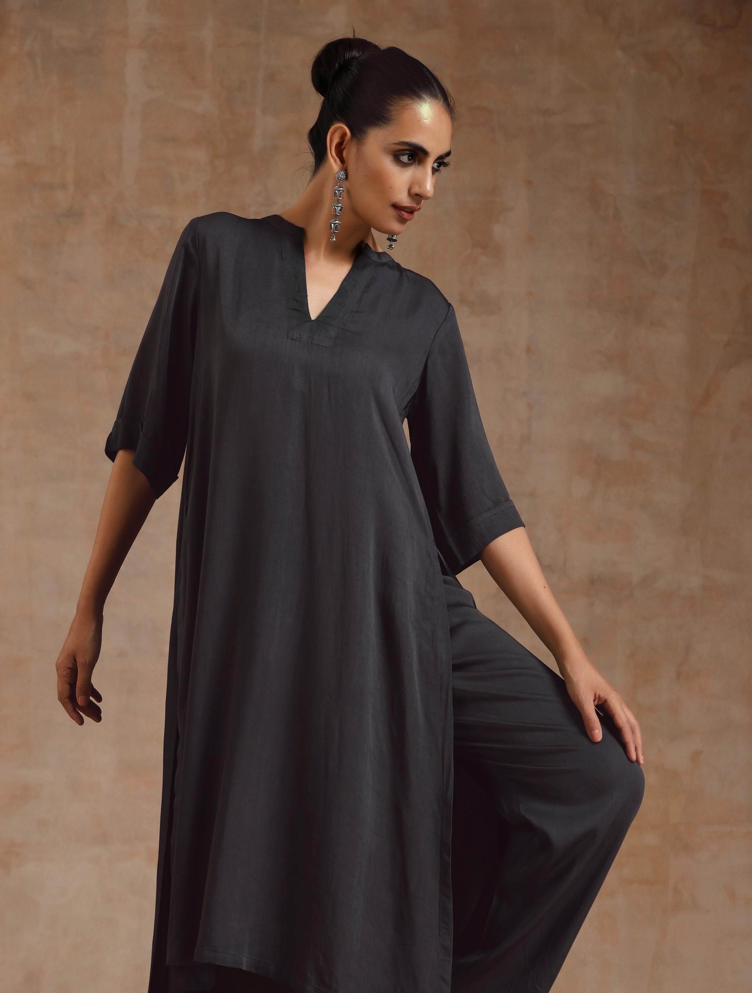 trueBrowns Grey Modal Satin High-Low Relax Kurta Set | Grocsy