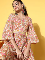 InWeave Women's Pink Boota Print Belted Dress | Grocsy