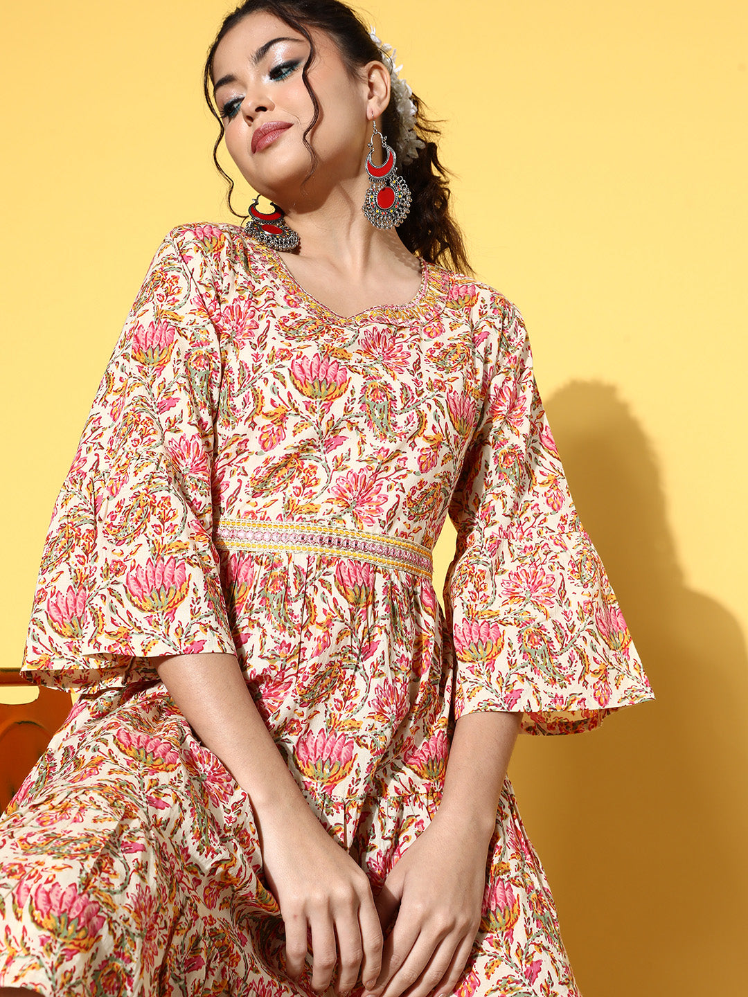 InWeave Women's Pink Boota Print Belted Dress | Grocsy