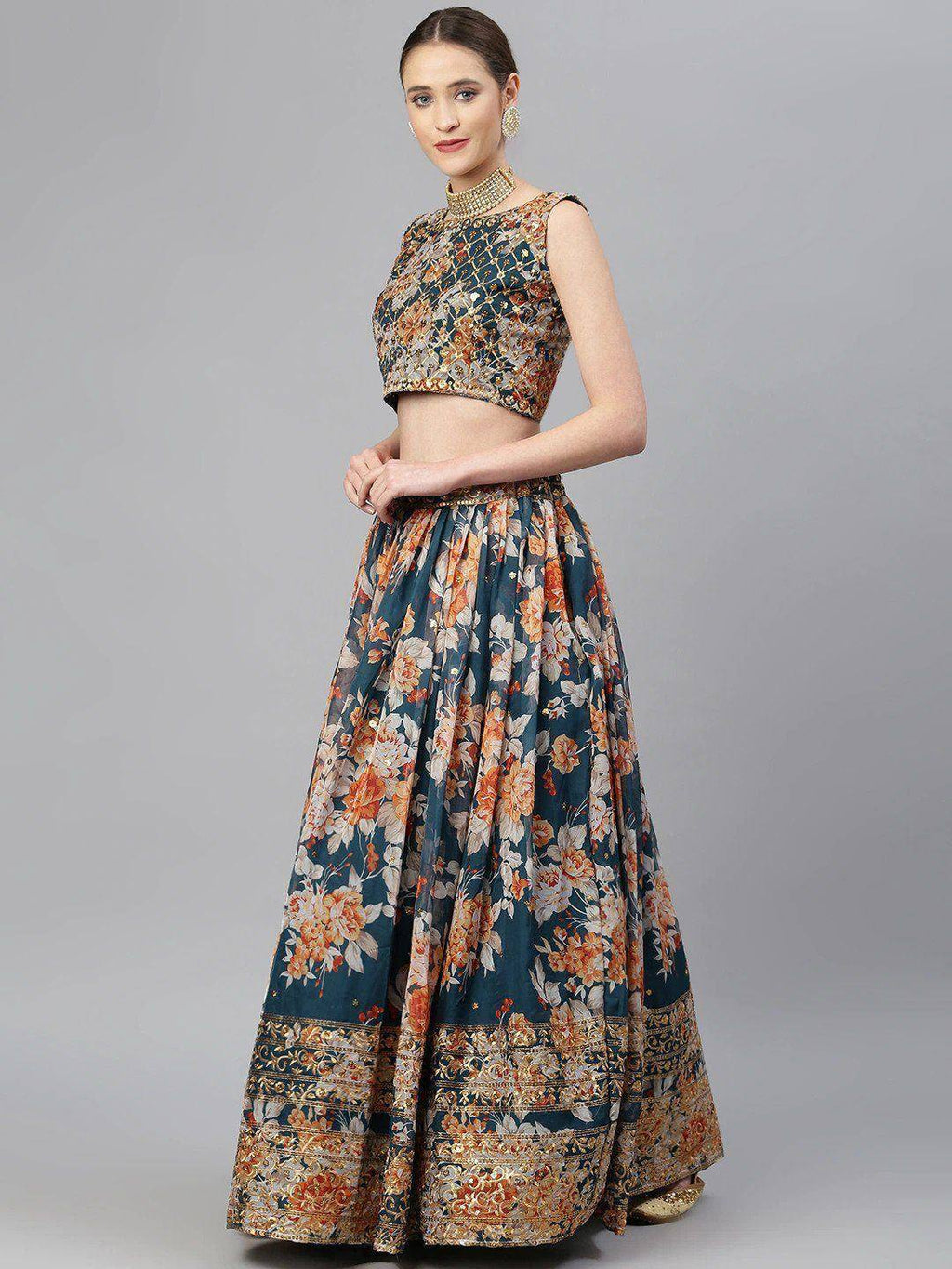 Tulsi Art Blue & Peach-Coloured Embellished Sequinned Semi-Stitched Myntra Lehenga & Unstitched Blouse | Grocsy