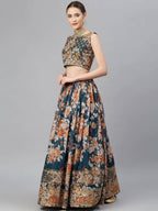 Tulsi Art Blue & Peach-Coloured Embellished Sequinned Semi-Stitched Myntra Lehenga & Unstitched Blouse | Grocsy