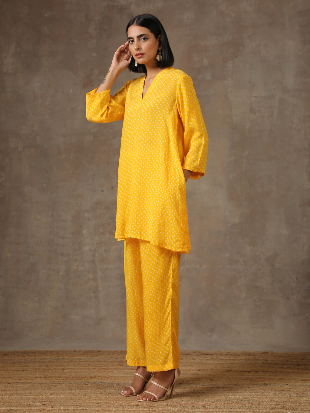 trueBrowns Yellow Bandhani Flare Printed Silk Co-Ord Set | Grocsy