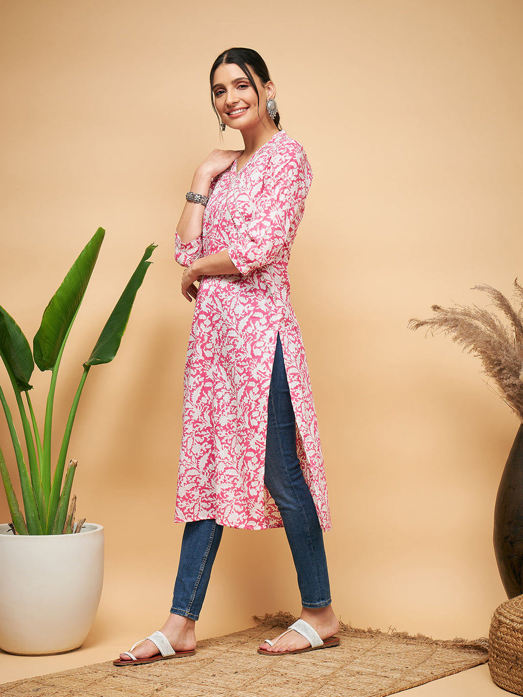 InWeave Women's Pink Foil White Print Angrakha Stright Kurta | Grocsy