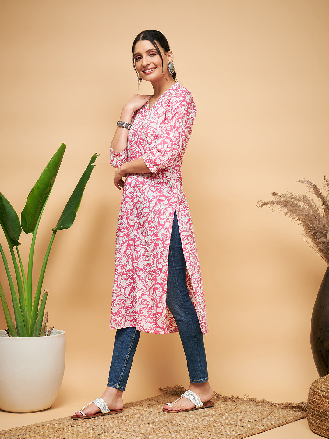 InWeave Women's Pink Foil White Print Angrakha Stright Kurta | Grocsy