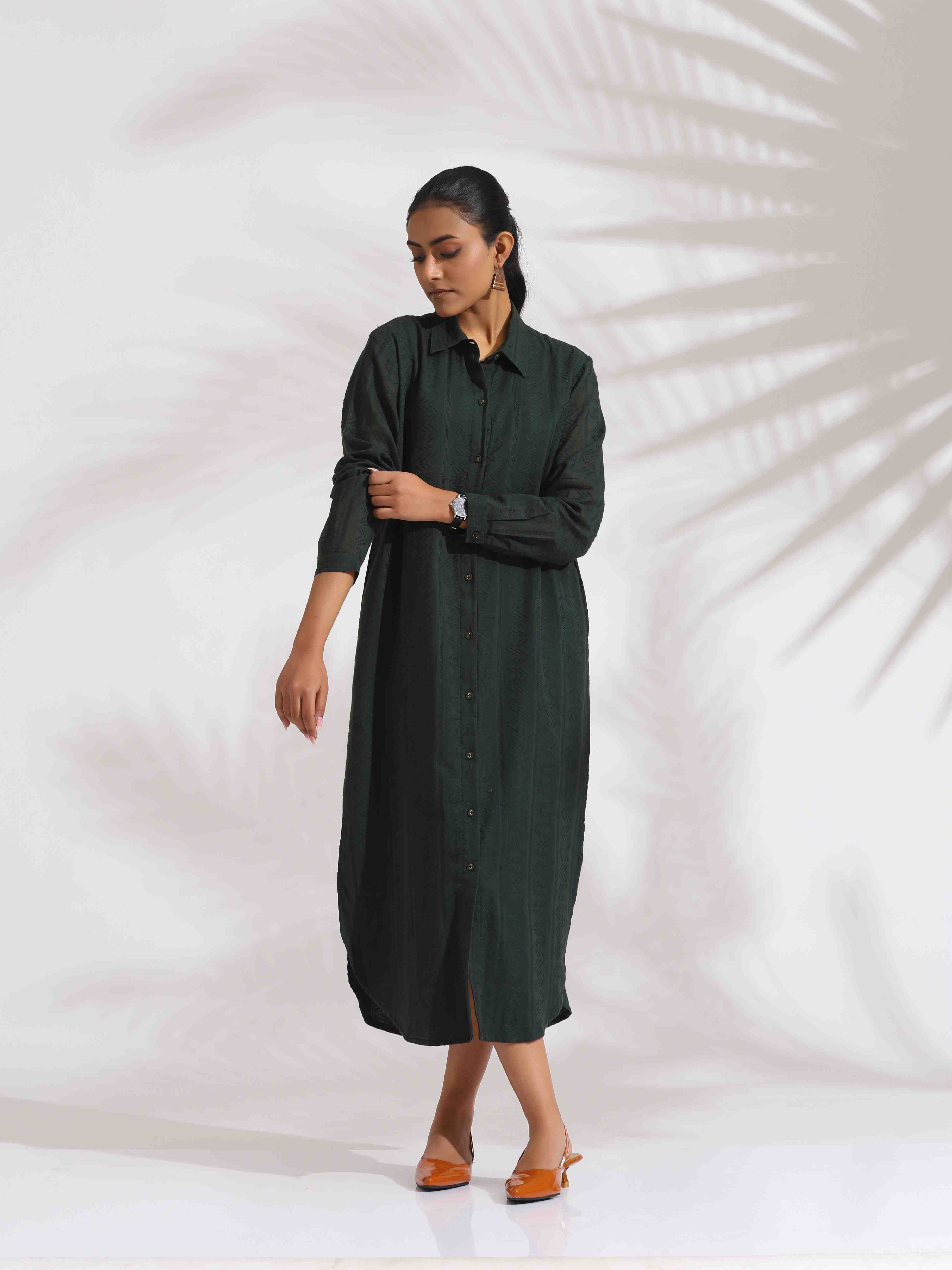 trueBrowns Green Cotton Shirt Dress | Grocsy