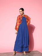 InWeave Women's Ink Blue Strappy Set With Pink Mustard Print Short Organza Cape | Grocsy